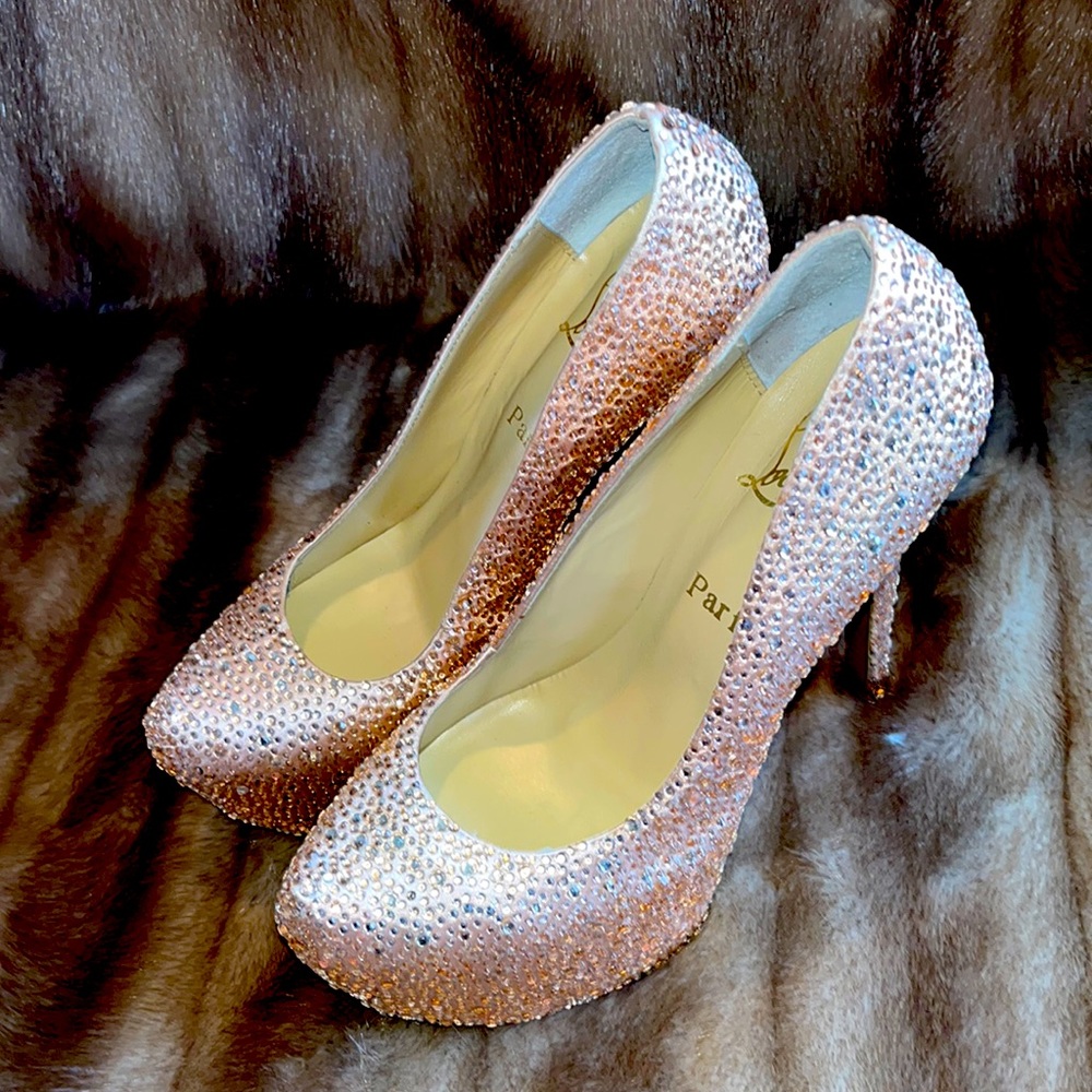 Christian Louboutin rose gold Daffodile Strass platform pumps. Very gently worn.
